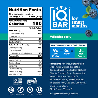 IQBAR Wild Blueberry | Brain + Body Keto Protein Bars