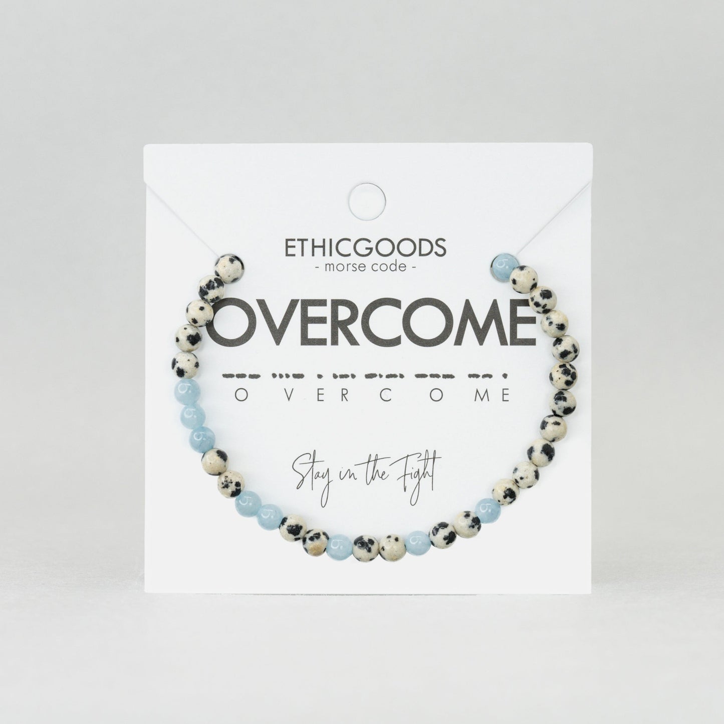 Morse Code Bracelet | OVERCOME  Dalmatian Jasper & Blue Sponge Quartz