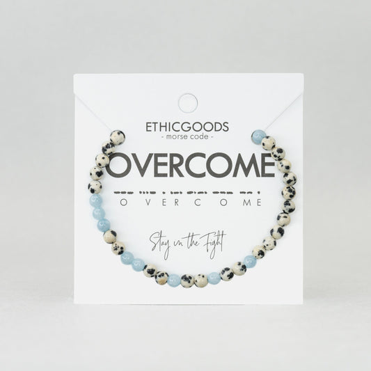 Morse Code Bracelet | OVERCOME  Dalmatian Jasper & Blue Sponge Quartz